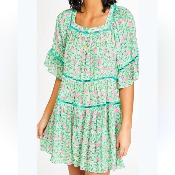 NWT Playa Lucila Floral Tiered Mini Dress Green Flowy Beach Boho Women’s Size S - Picture 2 of 8
